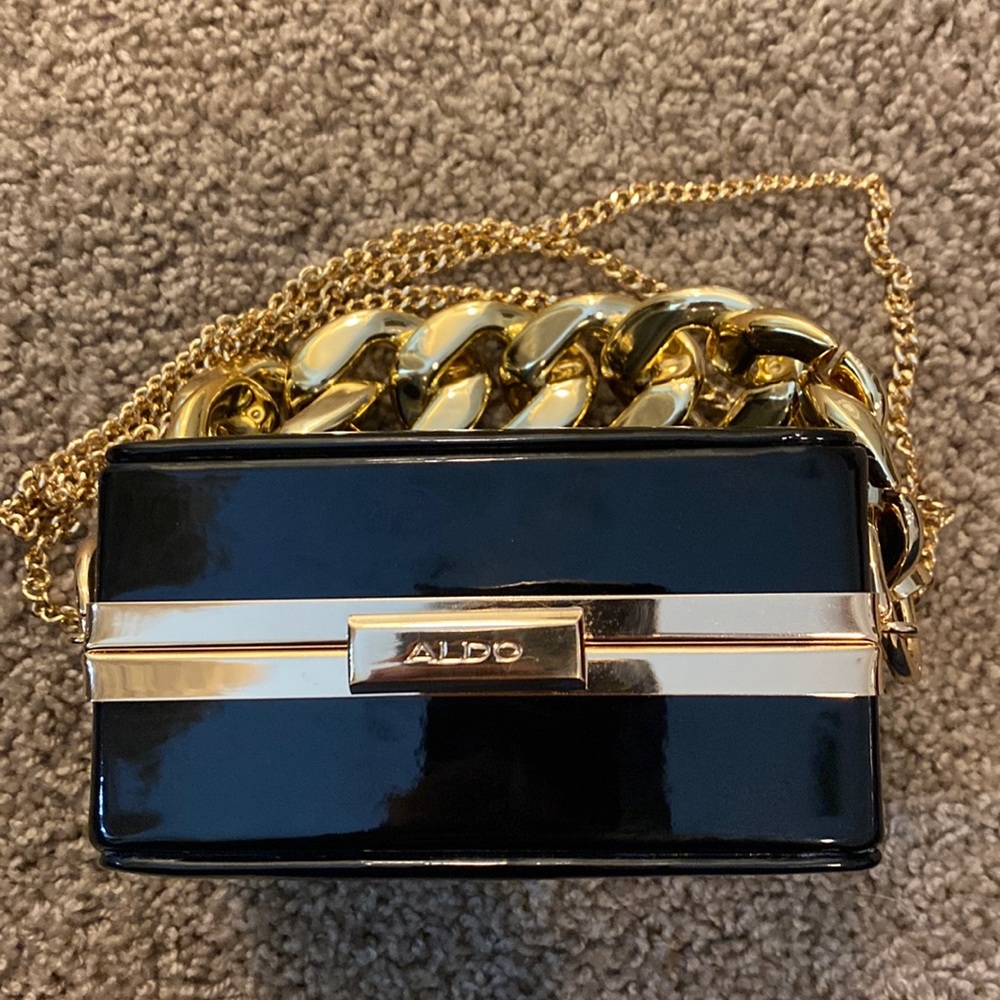 Aldo Small Boxed Clutch with Long Thin Gold Chain and Small Thick Gold Chain